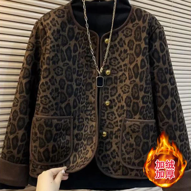 大码女装2025秋冬新款豹纹外套女加绒显瘦胖mm胖妹妹韩系爆款洋气