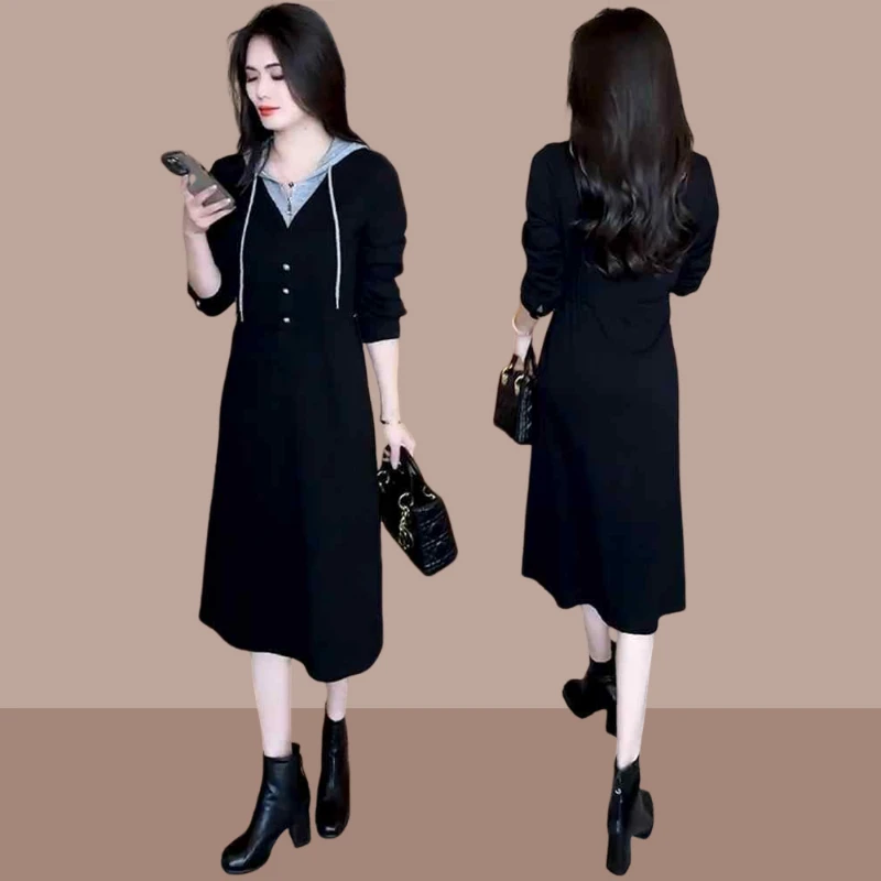 假两件连帽卫衣女2025秋季新款时尚休闲中长款收腰长袖显瘦小黑裙