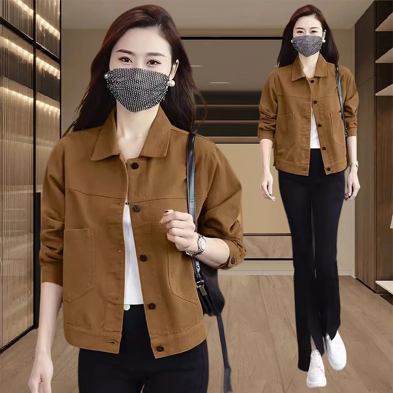 咖色复古polo领长袖小个子短款外套春秋季时尚洋气百搭外穿上衣女