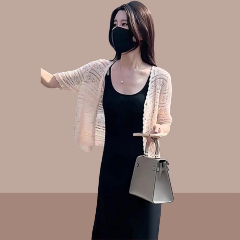 2025夏季新款女士薄款冰丝镂空针织开衫外套配吊带长裙罩衫披肩潮