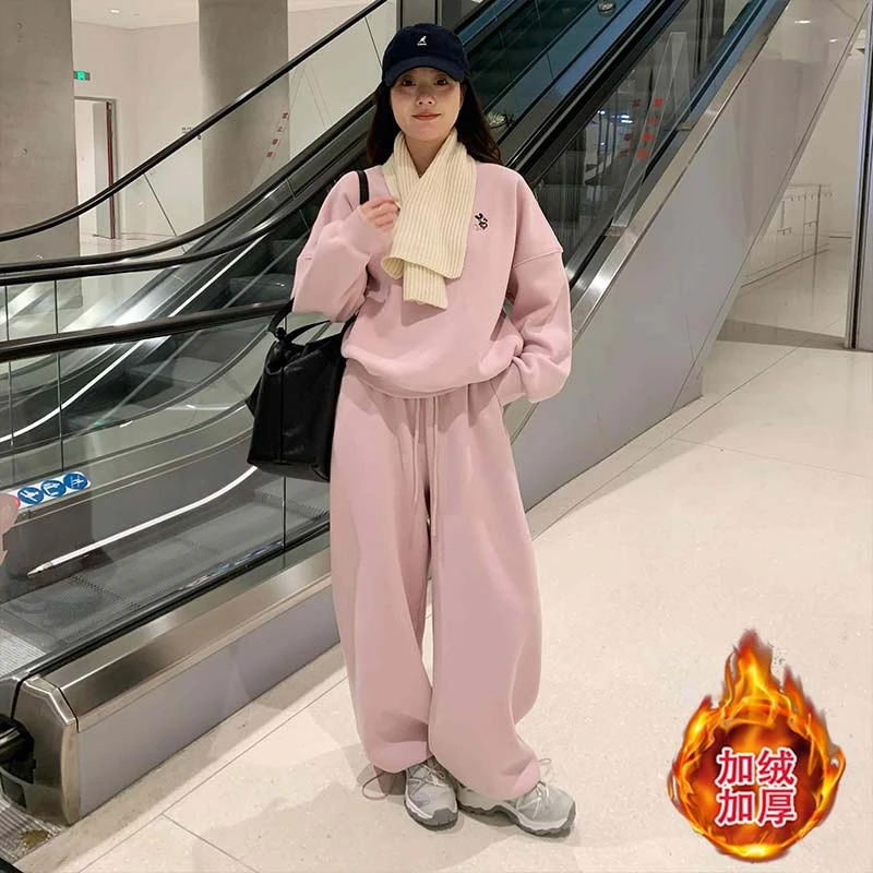 2025秋冬季新款女士加绒加厚慵懒套装宽松圆领时尚卫衣卫裤一整套