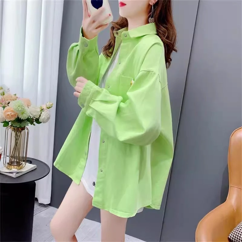 衬衫2025新款女秋季时尚洋气长袖牛仔外套小个子别致漂亮绿色衬衣