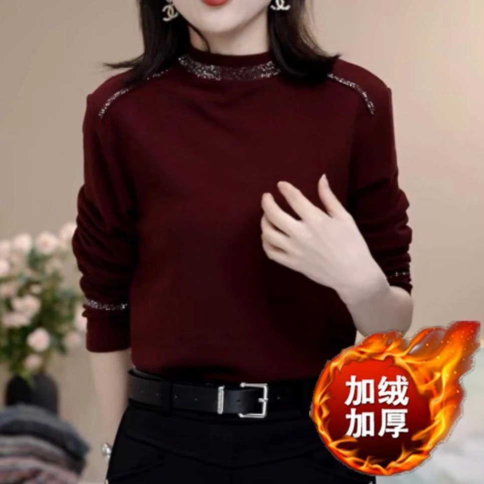 秋冬新款妈妈装纯色烫钻一体绒打底衫女半高领长袖时尚百搭上衣服