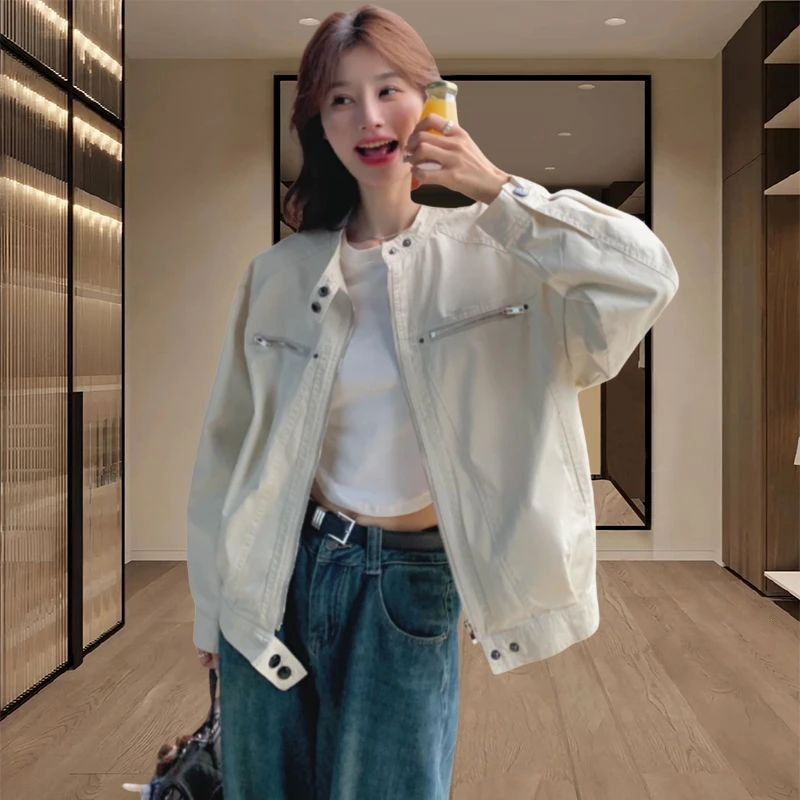 米白色工装外套女短款2025春秋新款韩系小个子百搭休闲夹克上衣潮