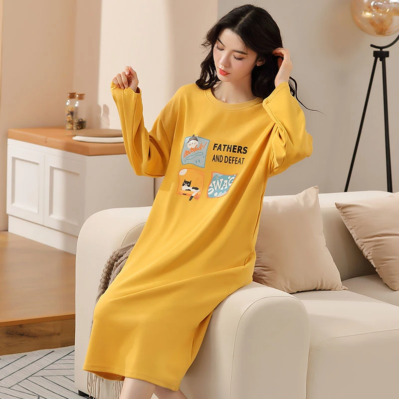 100%双面纯棉睡衣女春秋长袖加厚睡裙冬休闲可外穿全棉宽松家居服