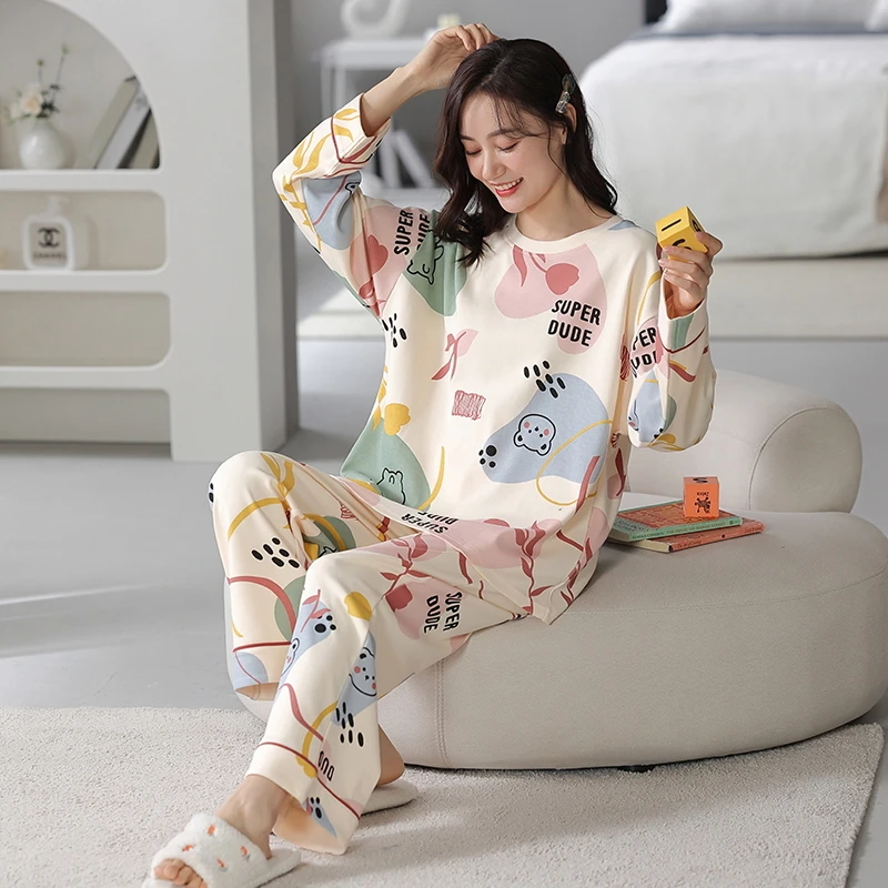 网红爆款100%纯棉睡衣女士春秋季长袖可外穿卡通韩版家居服套装冬