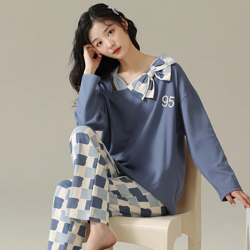 睡衣女春秋季紧赛100%纯棉长袖蝴蝶结宽松可外穿全棉冬家居服套装