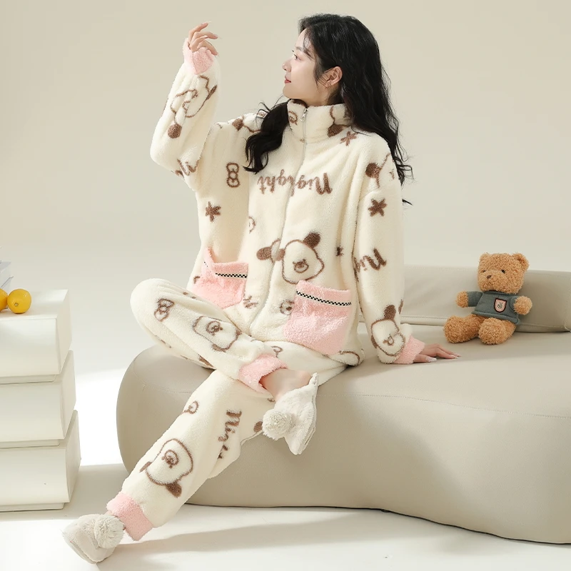 睡衣女秋冬季棒球服法兰绒双面保暖加厚拉链外套长毛绒家居服套装