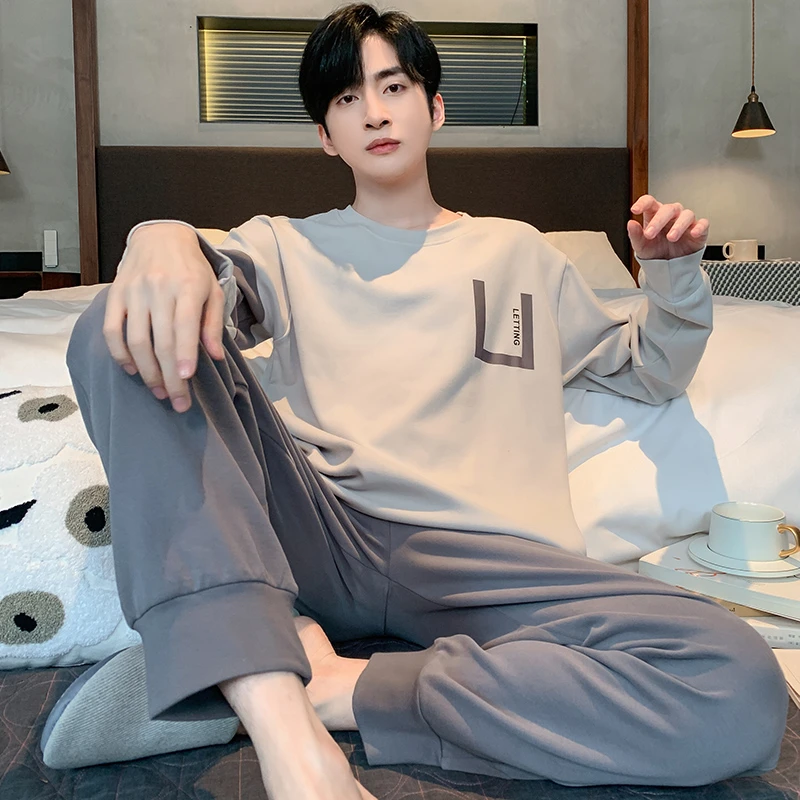 睡衣男士春秋紧赛100%纯棉长袖韩版青少年可外穿全棉冬家居服套装