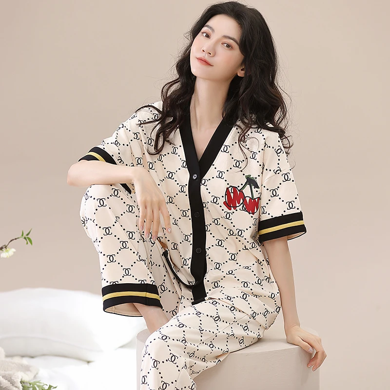 睡衣女春夏紧赛100%纯棉短袖开衫宽松女长裤家居服秋季可外穿套装