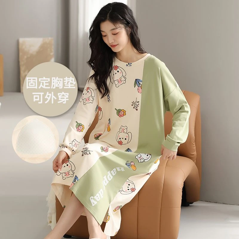 自带胸垫100%纯棉睡衣女春秋长袖卡通睡裙冬可外穿全棉宽松家居服
