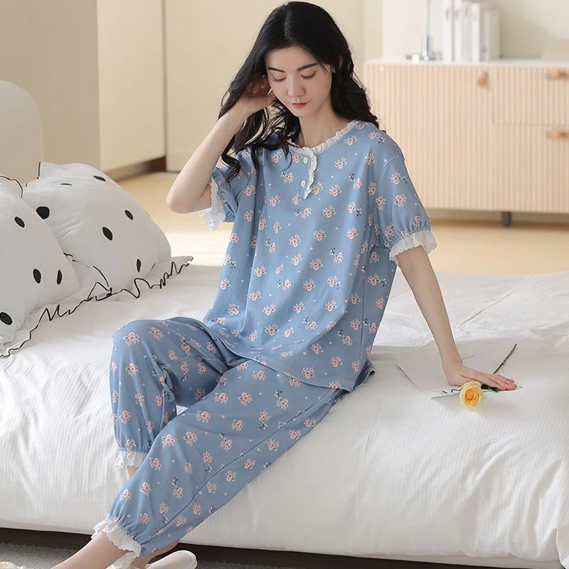 新款紧赛纯棉睡衣女夏短袖宽松型花边碎花七分裤休闲家居服女套装