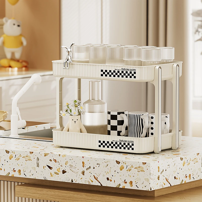 轻奢沥水双层杯架子置物架放水杯茶玻璃杯咖啡杯家用客厅收纳托盘