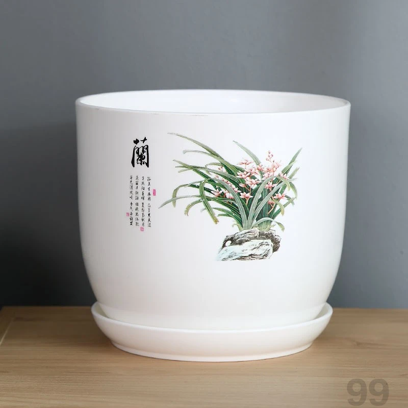 新料国风树脂花盆 白色花盆 圆形口印花复古仿瓷塑料花盆厂家直销