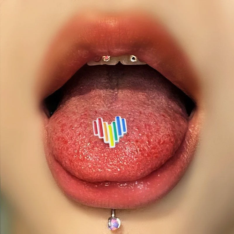 钛钢耳饰 彩虹滴油锯齿爱心钛钢舌钉舌环杆粗1.6舌钉辣妹欧美甜酷