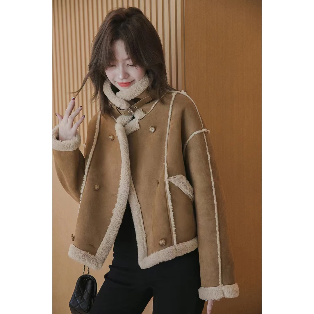 高级感美拉德仿麂皮绒皮毛一体短款外套女冬季新款加厚保暖上衣潮