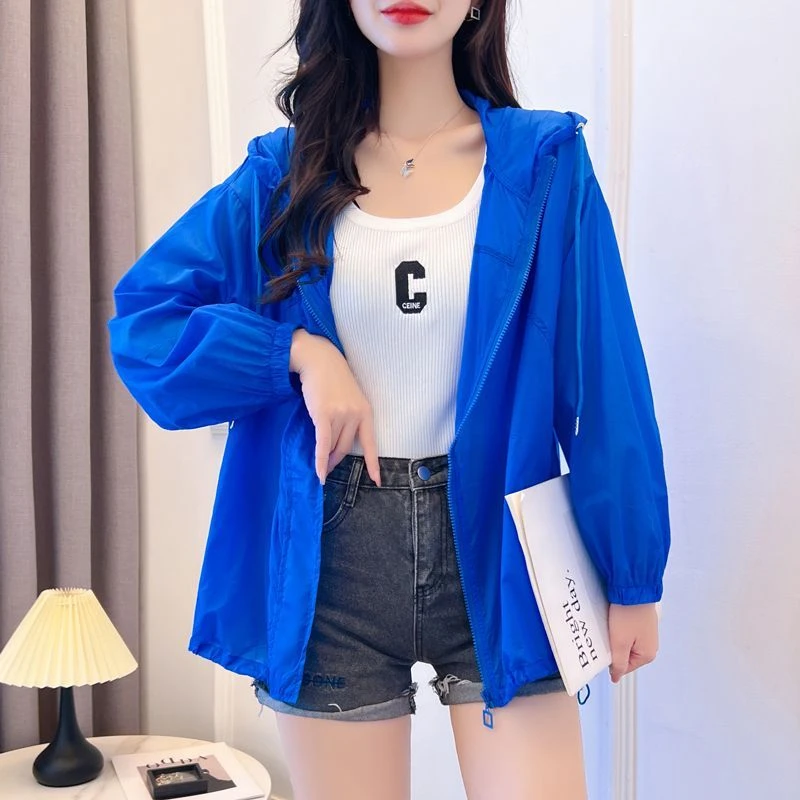防晒衣女外穿大码连帽宽松长袖时尚轻薄通勤拼接网红洋气夏季外套