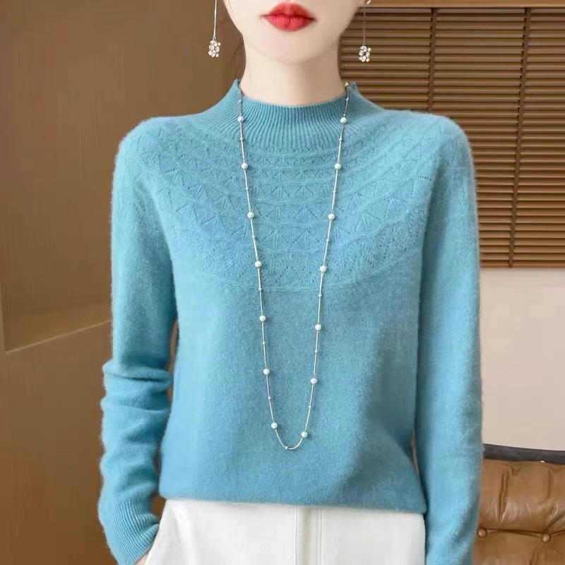 100%羊毛衫女半高领镂空针织打底衫显瘦百搭上衣