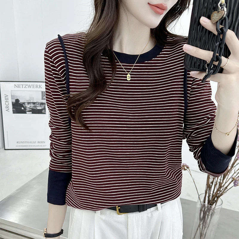 2024圆领条纹设计感撞色上衣套头减龄长袖新款简约流行别致打底衫