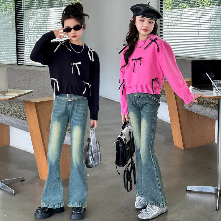 潮搭款~女童短款毛衣春秋冬季蝴蝶结洋气上衣2024新款针织衫中大