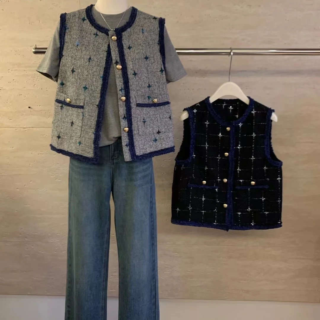 撞色毛边小香风马甲女秋冬时尚百搭坎肩小个子气质复古马夹外套潮