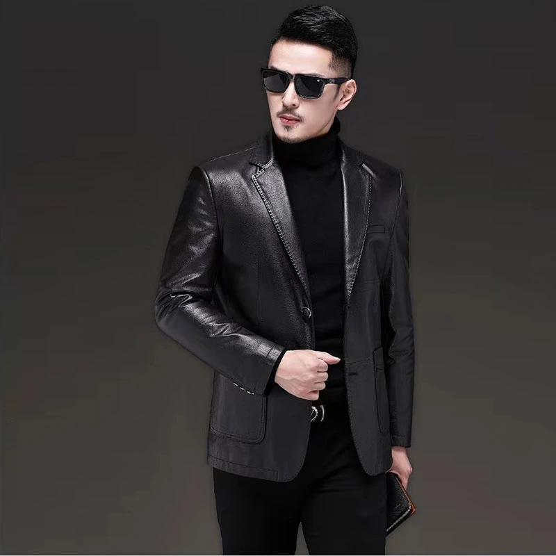 海宁真皮皮衣男头层小牛皮西装领青年皮夹克薄休闲皮外套皮西服