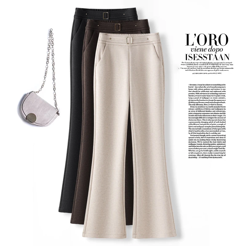 醋酸羊毛呢微喇裤女2025春秋季新款高腰毛呢休闲宽松阔腿喇叭裤子