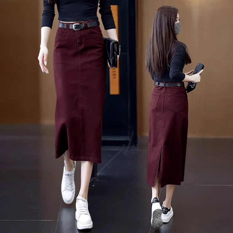 安可拉红牛仔半身裙女春秋季2025年新款中长款包臀裙a字直筒裙子