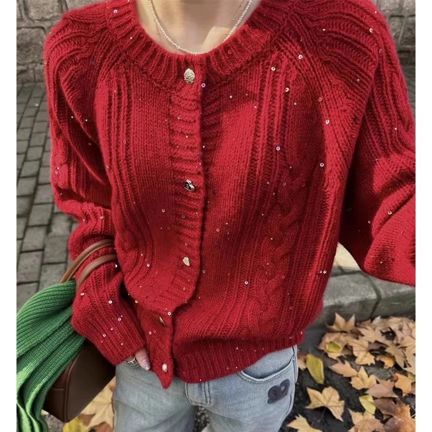 SEL-3892 纯色圆领亮丝针织开衫2024年春季新款毛衣外套