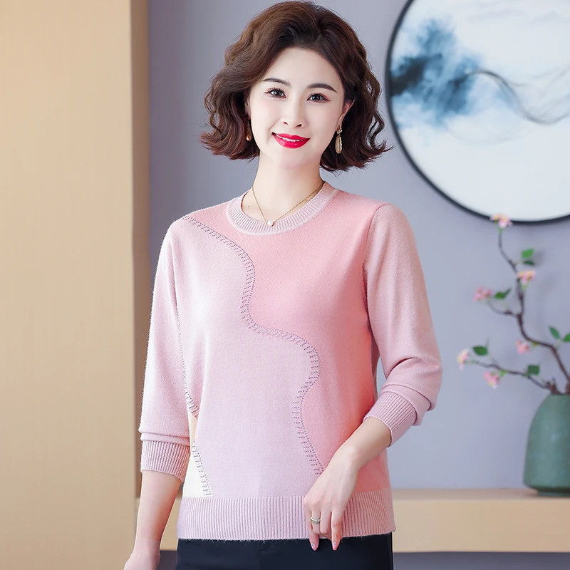 三姐优选妈妈早秋中年T恤气质百搭时尚圆领洋气拼色长袖针织上衣