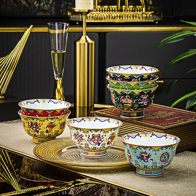 藏族民族碗珐琅彩骨瓷家用米饭碗新款中式餐厅民族风格陶瓷餐具碗