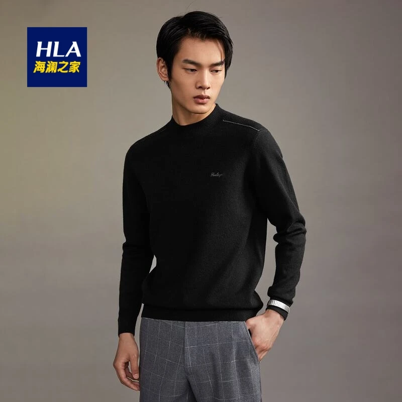 HLA/海澜之家半高领长袖毛衫肩部撞色绣线简约毛衣男
