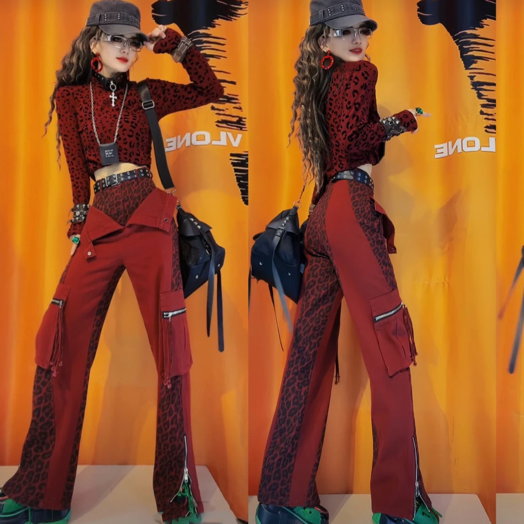 美式复古红色豹纹假两件拼接牛仔裤子女宽松显瘦直筒阔腿显瘦裤子