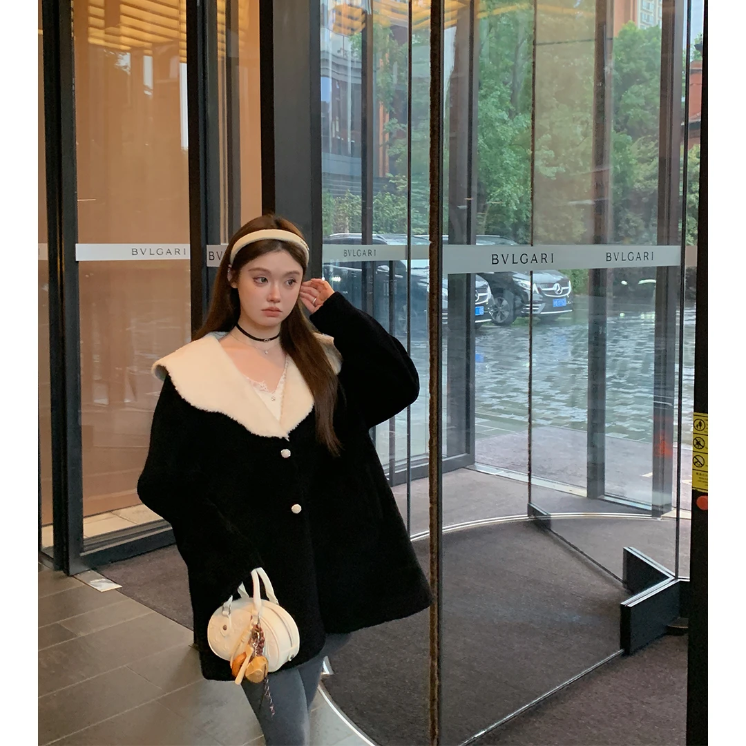 黛西【华尔兹】云朵领羊剪绒100羊毛皮草外套女皮毛一体斗篷大衣