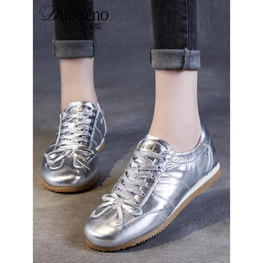 系带银色单鞋女软底2025新款板鞋透气百搭运动休闲鞋纯皮鞋子女款