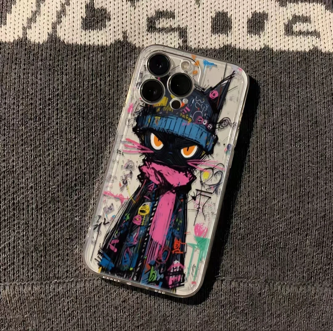 油彩黑猫适用iphone15pro/14手机壳苹果13/12/11华为vivo小米oppo