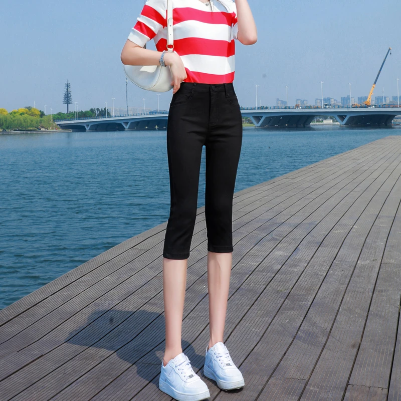 高腰黑色七分牛仔裤女夏季薄款小个子修身显瘦弹力紧身小脚裤女士