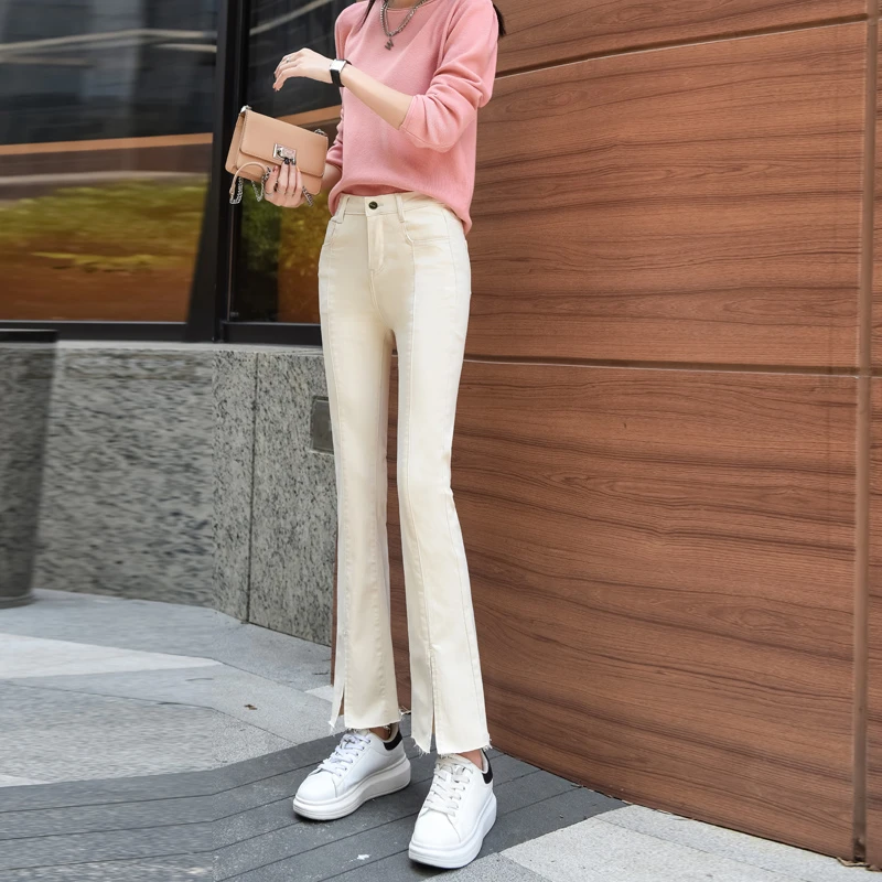 米白微喇牛仔裤女秋季新款2023高腰显瘦弹力小个子毛边九分喇叭裤