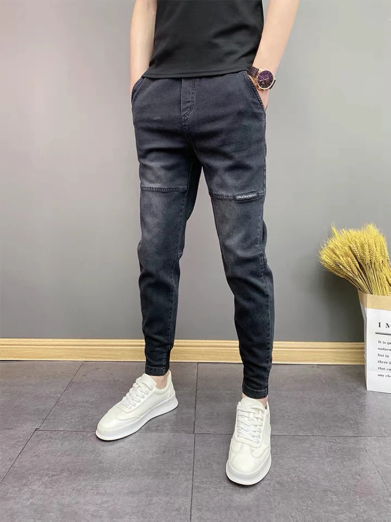 秋冬潮牌男士修身水洗休闲百搭束脚裤青年时尚痞帅小脚牛仔裤