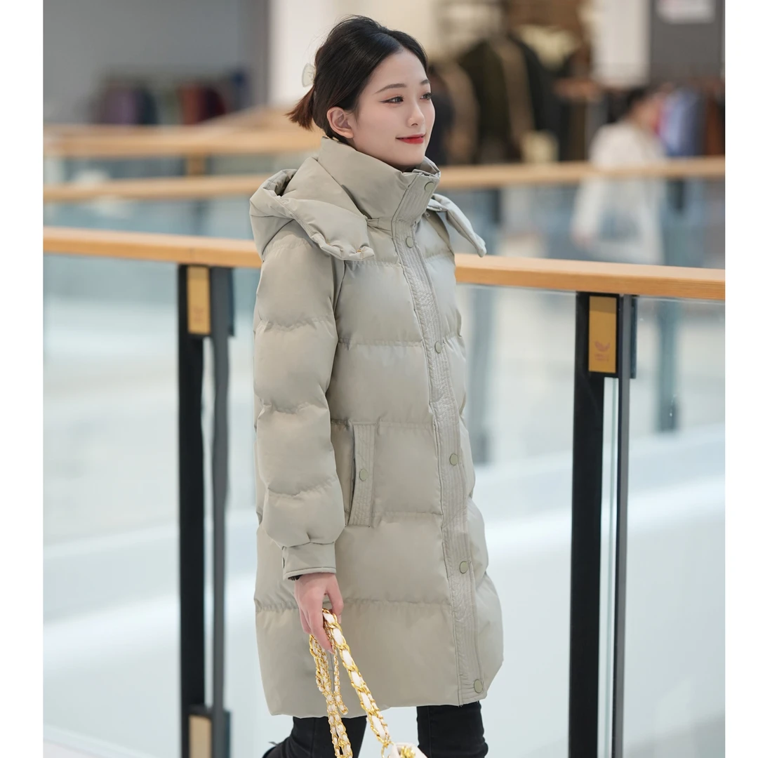 Romon/罗蒙显瘦休闲中长款羽绒服女士百搭白鸭绒外套宽松连帽保暖