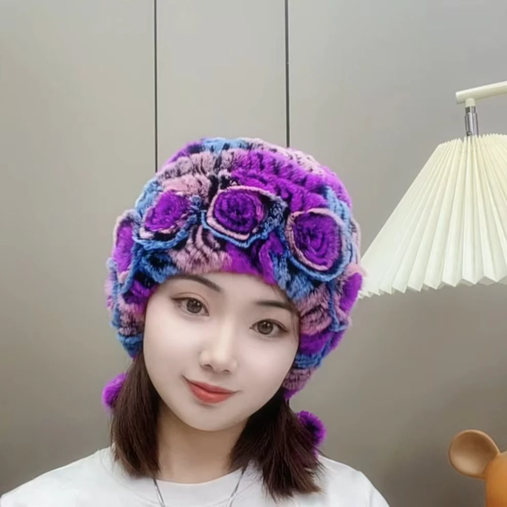 七彩花色獭兔毛帽子冬季保暖时尚洋气女士百搭编织秋冬加厚针织