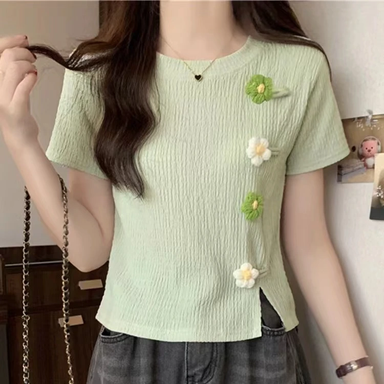 正肩短袖t恤女夏修身设计感小众独特别致洋气减龄小个子短款上衣
