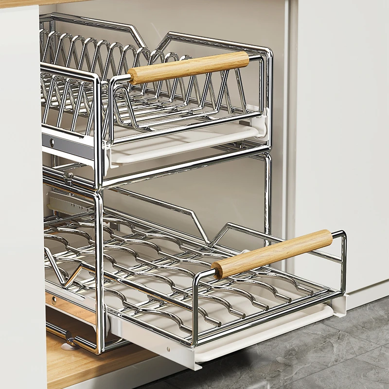 不锈钢碗碟收纳架厨房橱柜内置物架抽屉式拉篮抽拉碗柜盘沥水碗架