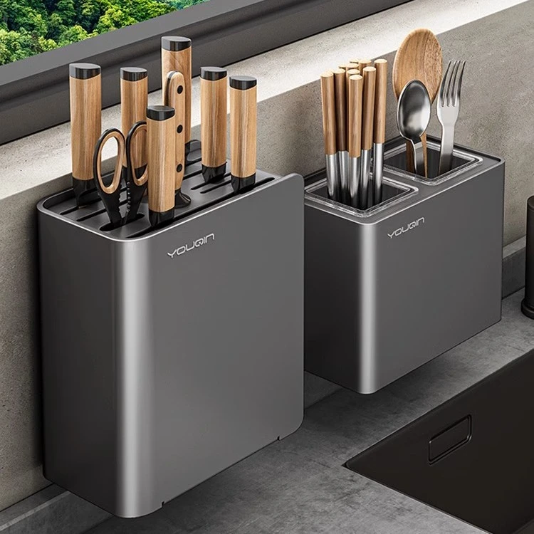 优勤不锈钢刀架壁挂式厨房置物架家用菜刀架免打孔墙上筷子收纳盒
