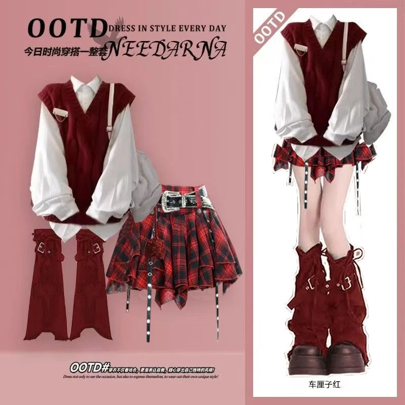 20254冬季套装女学生韩系圣诞新年红色马甲+衬衫不规则裙子三件套