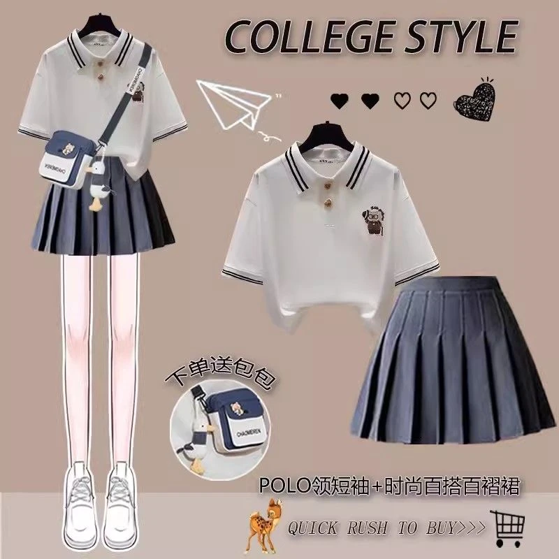送包2024夏季套装女学生韩版宽松可爱绣花Polo领T恤+百褶裙两件套