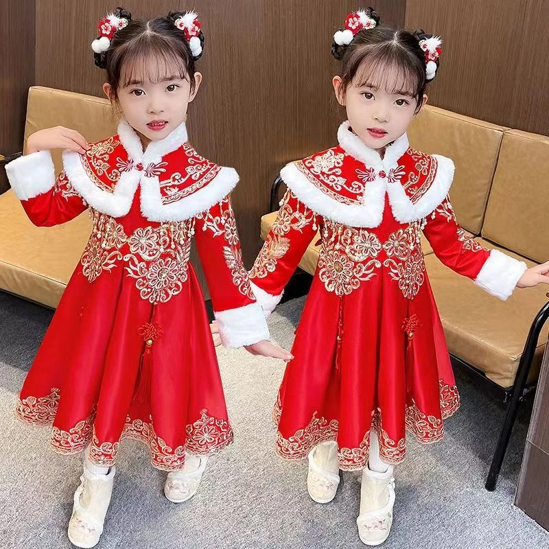 汉服拜年服女童冬装中国风儿童裙子秋冬连衣裙女宝加厚过年拜年服