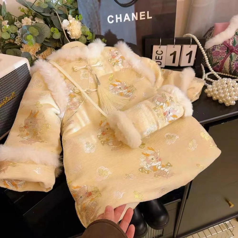 汉服女童冬装民族风新款加绒拜年唐装儿童宝宝加厚旗袍过年新年