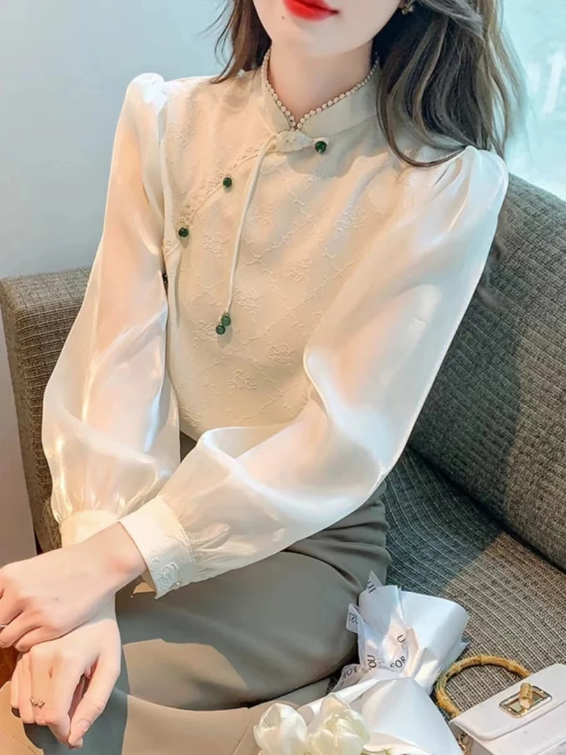 新中式国风复古雪纺衬衫女士2024春秋新款高级感气质盘扣旗袍上衣