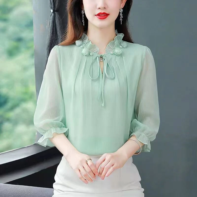 高档七分袖女衬衫2024春夏新款纯色洋气小衫遮肉减龄薄款女士上衣